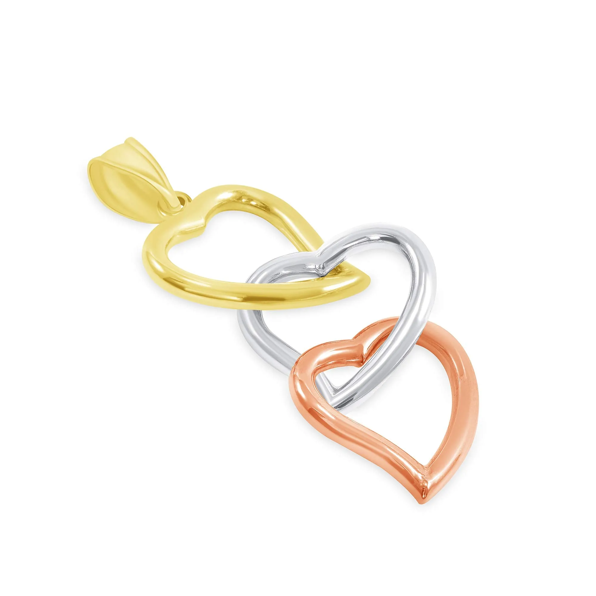 14k Tri-Color Gold Three Hearts Interlocking Dangling Down Pendant Necklace