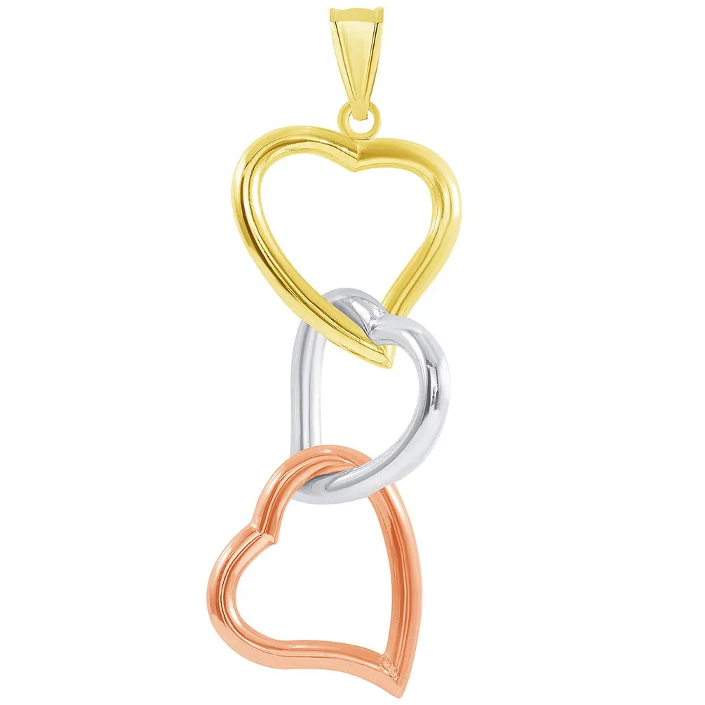 14k Tri-Color Gold Three Hearts Interlocking Dangling Down Pendant Necklace
