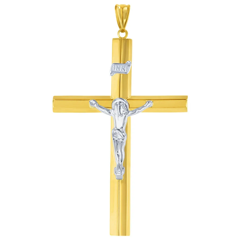 14K Yellow Gold & White Gold Tube Crucifix Six Sided Cross Pendant Necklace