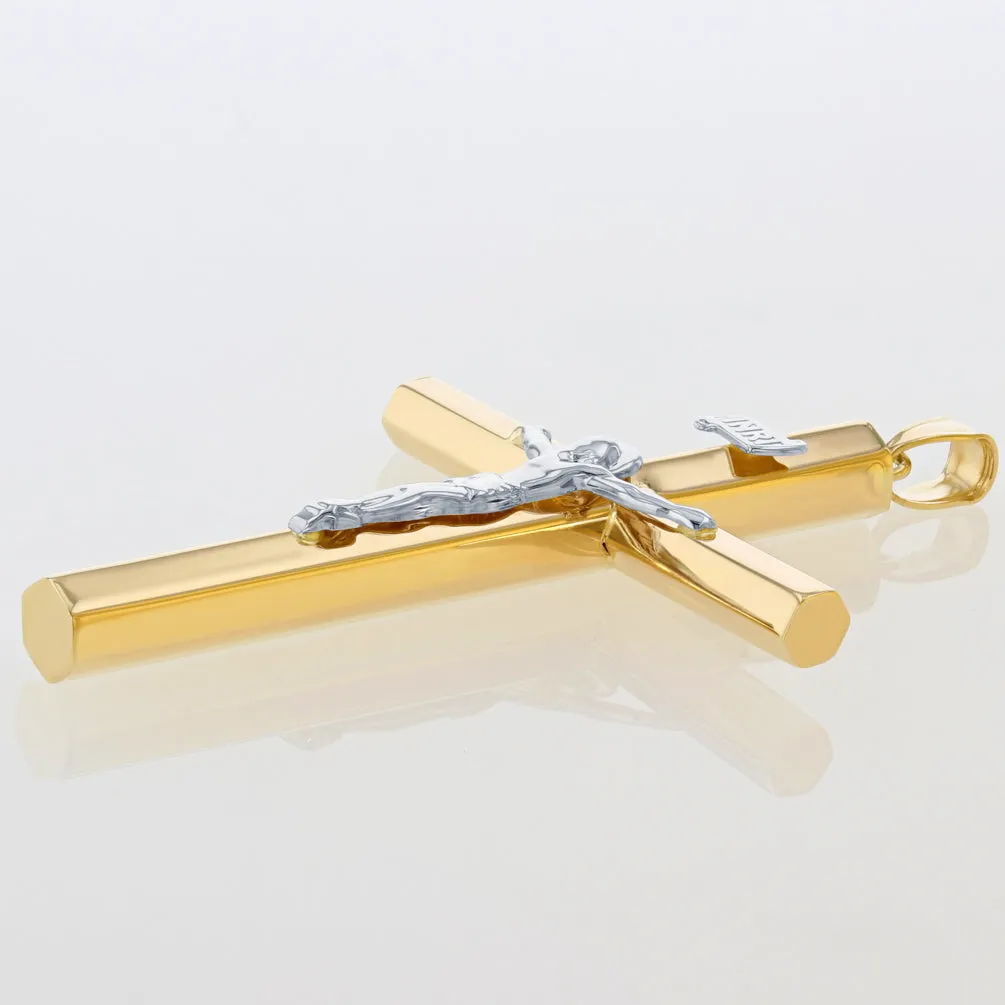 14K Yellow Gold & White Gold Tube Crucifix Six Sided Cross Pendant Necklace