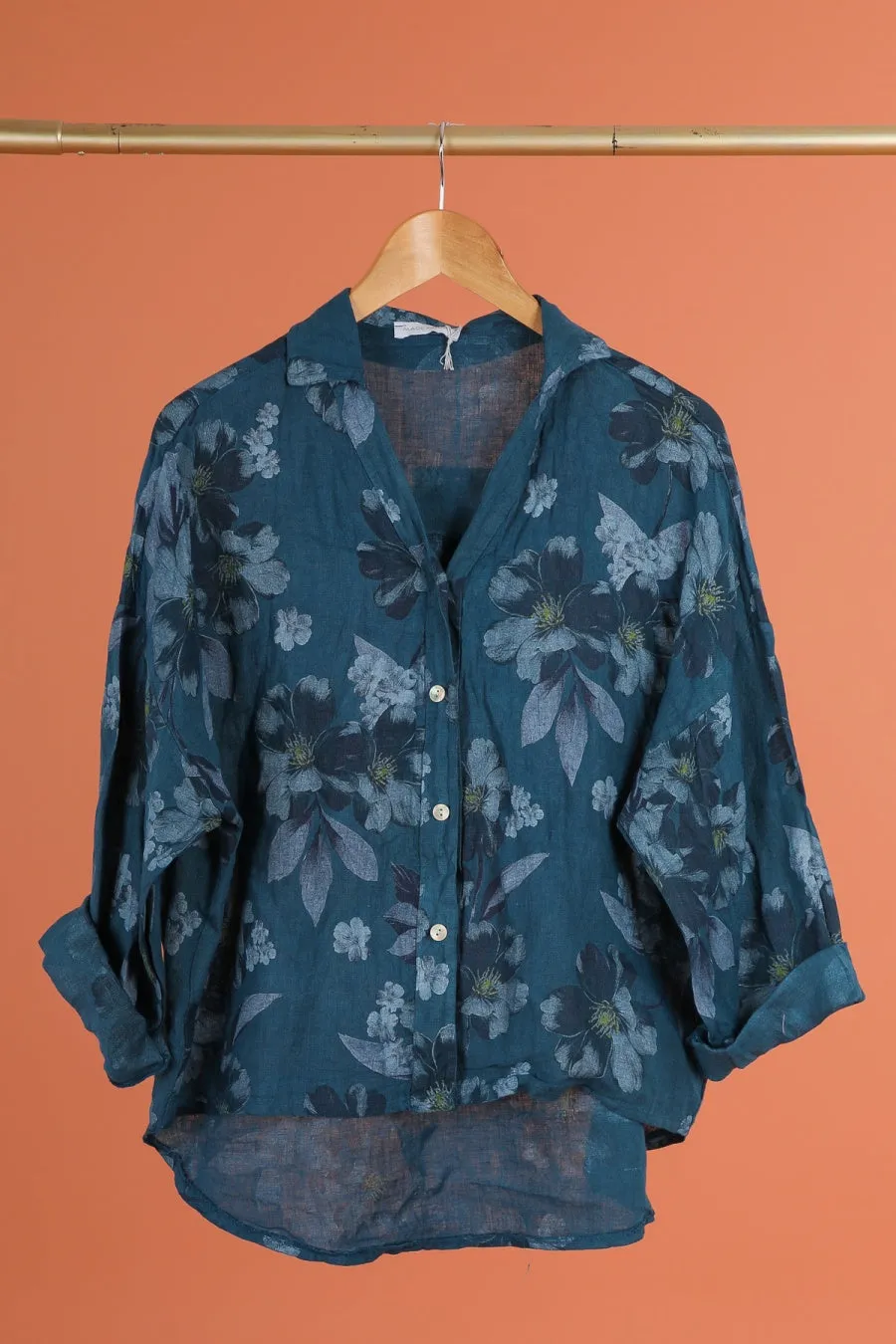 Anne   Kate Womens Belluno Floral Print Linen Button-Up Shirt