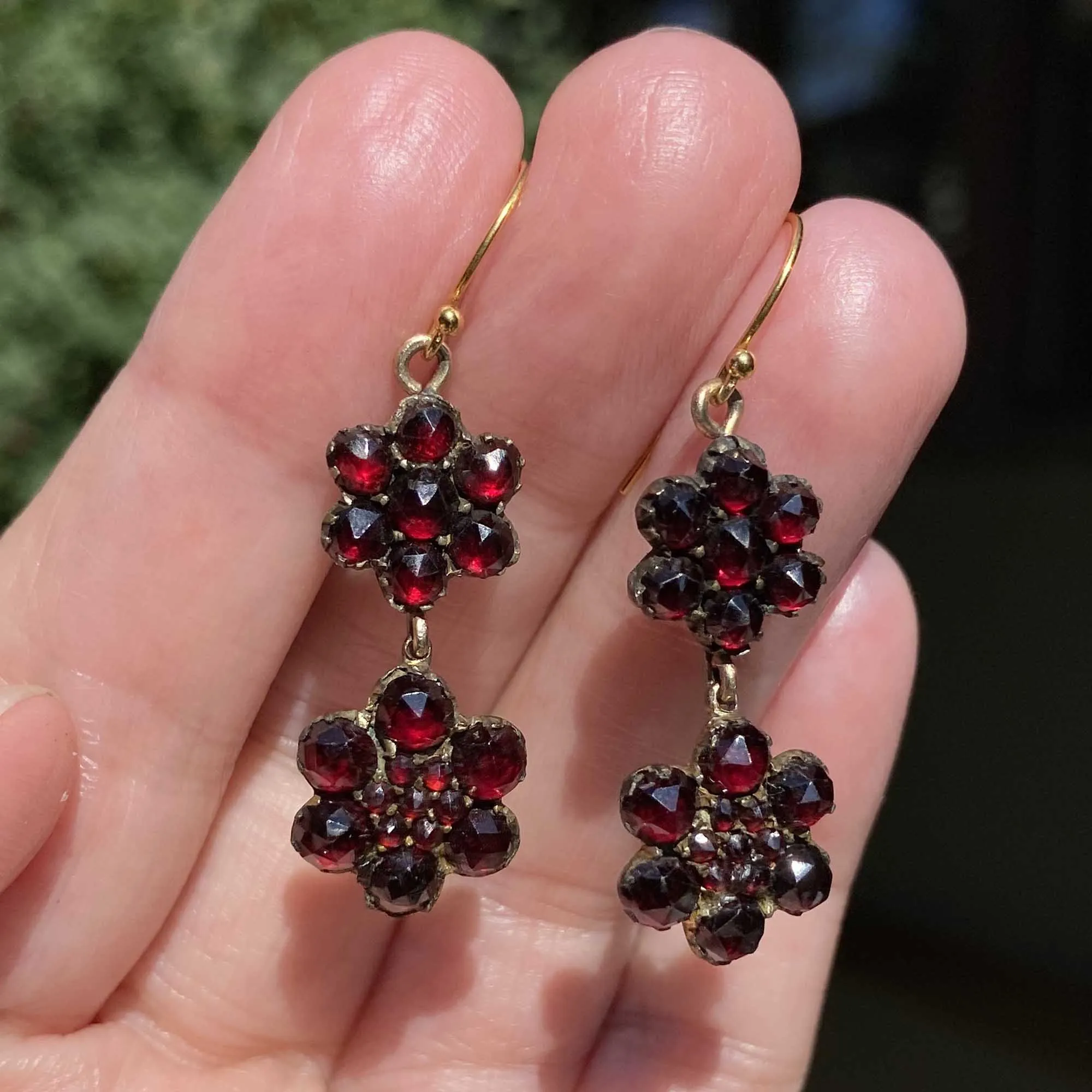 Vintage-Style Bohemian Garnet Cluster Earrings with Antique Floral Design
