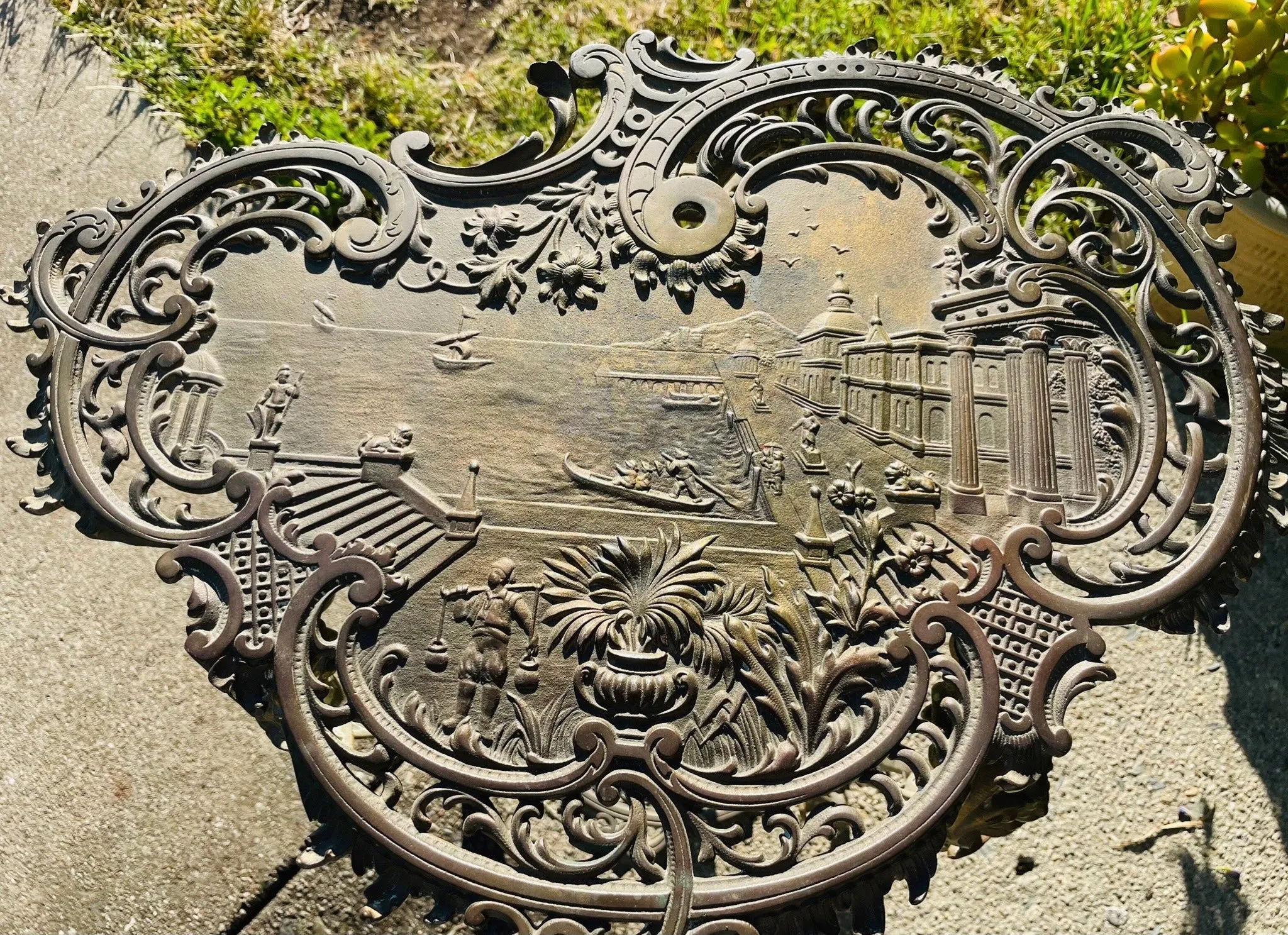 Antique Ornate Brass Italian Two Tier Footed Euro City Scene Lion Table Stand