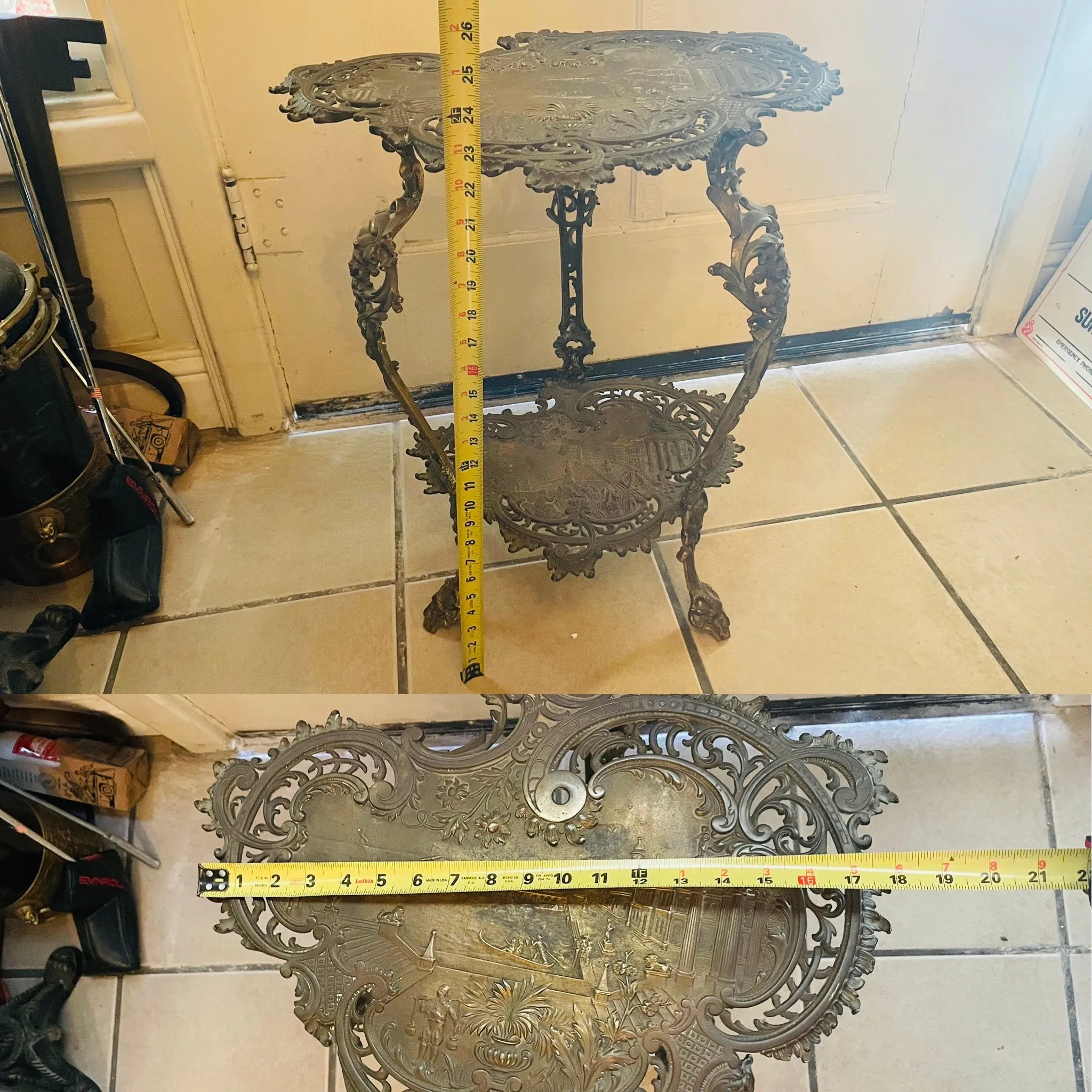 Antique Ornate Brass Italian Two Tier Footed Euro City Scene Lion Table Stand