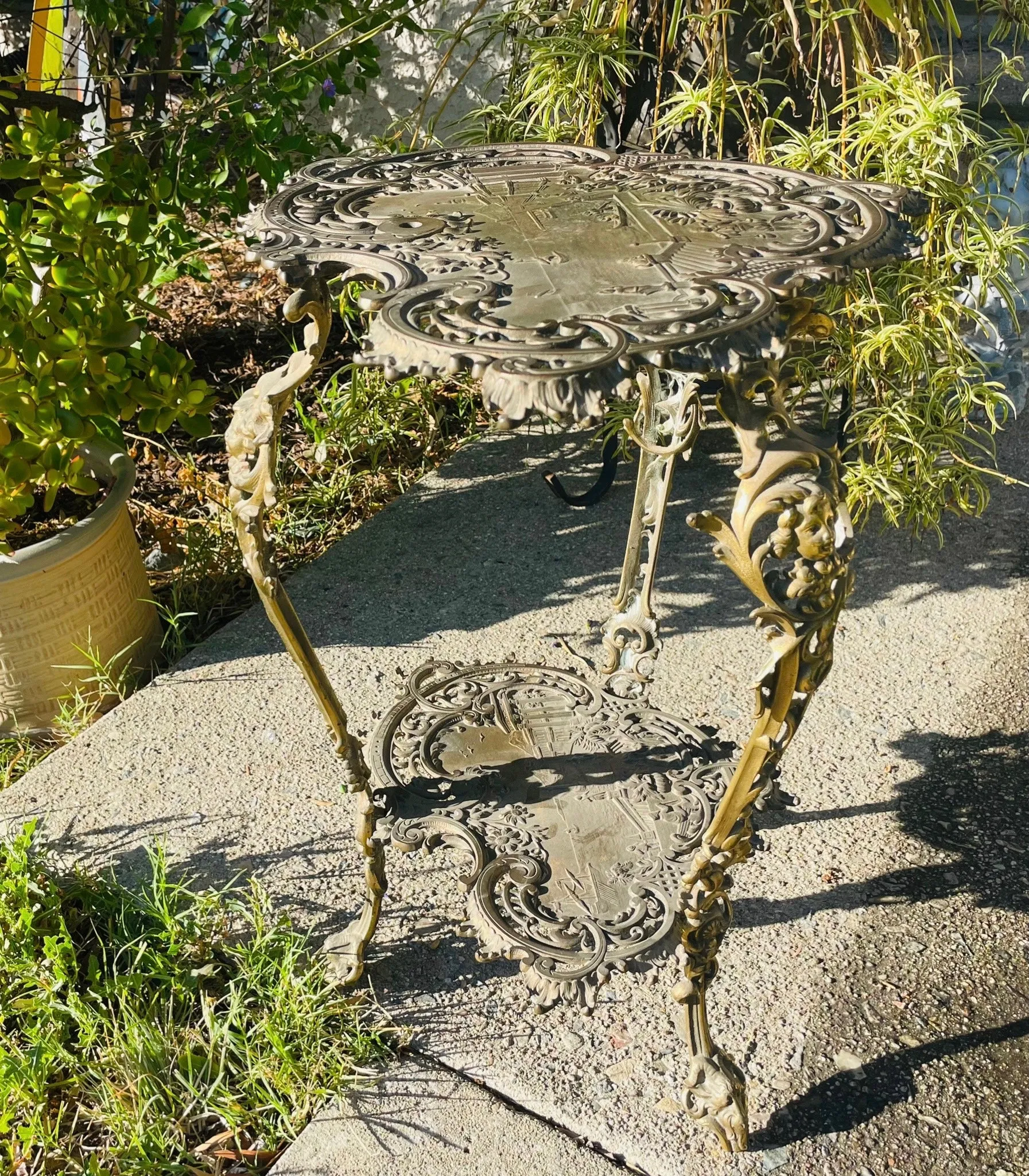 Antique Ornate Brass Italian Two Tier Footed Euro City Scene Lion Table Stand