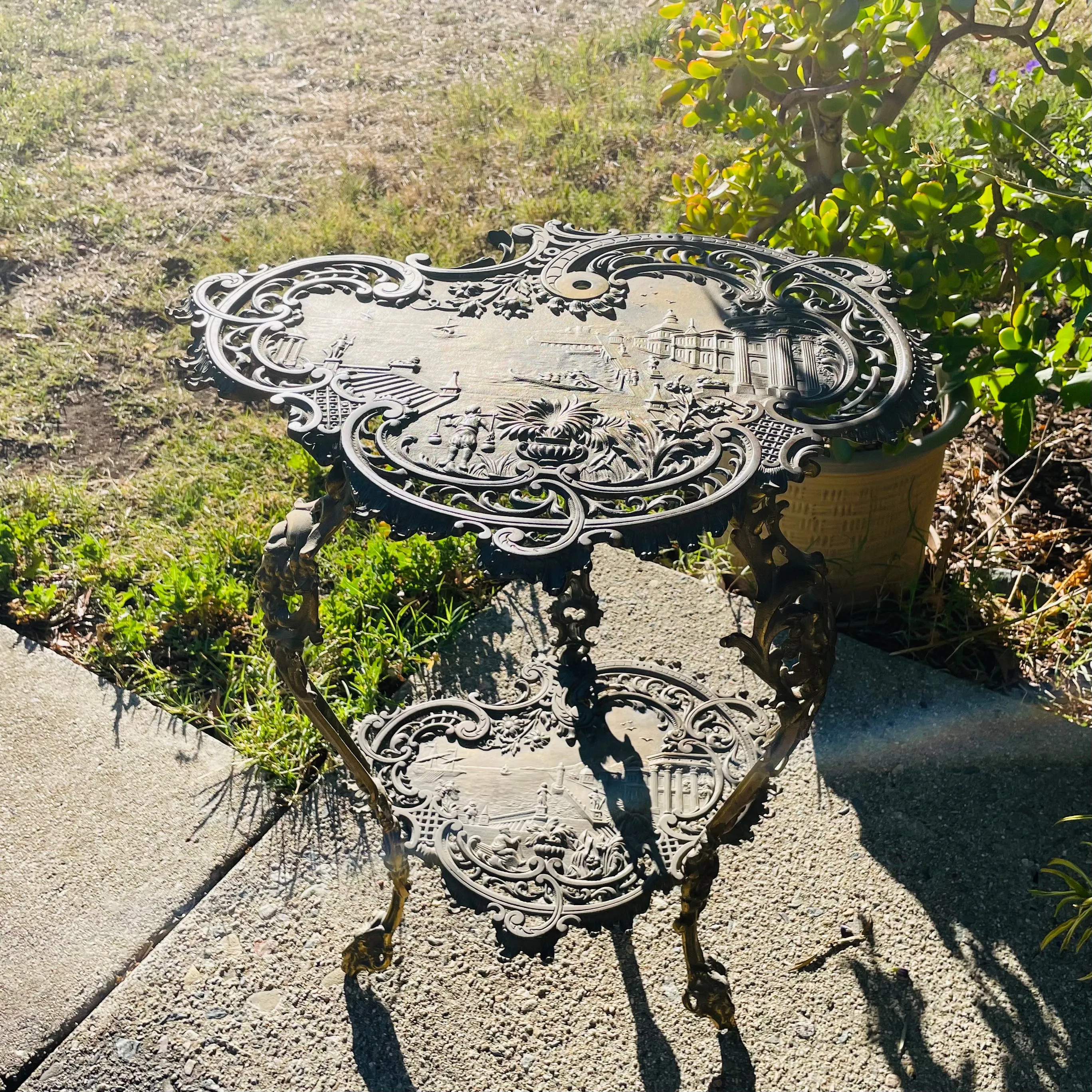 Antique Ornate Brass Italian Two Tier Footed Euro City Scene Lion Table Stand