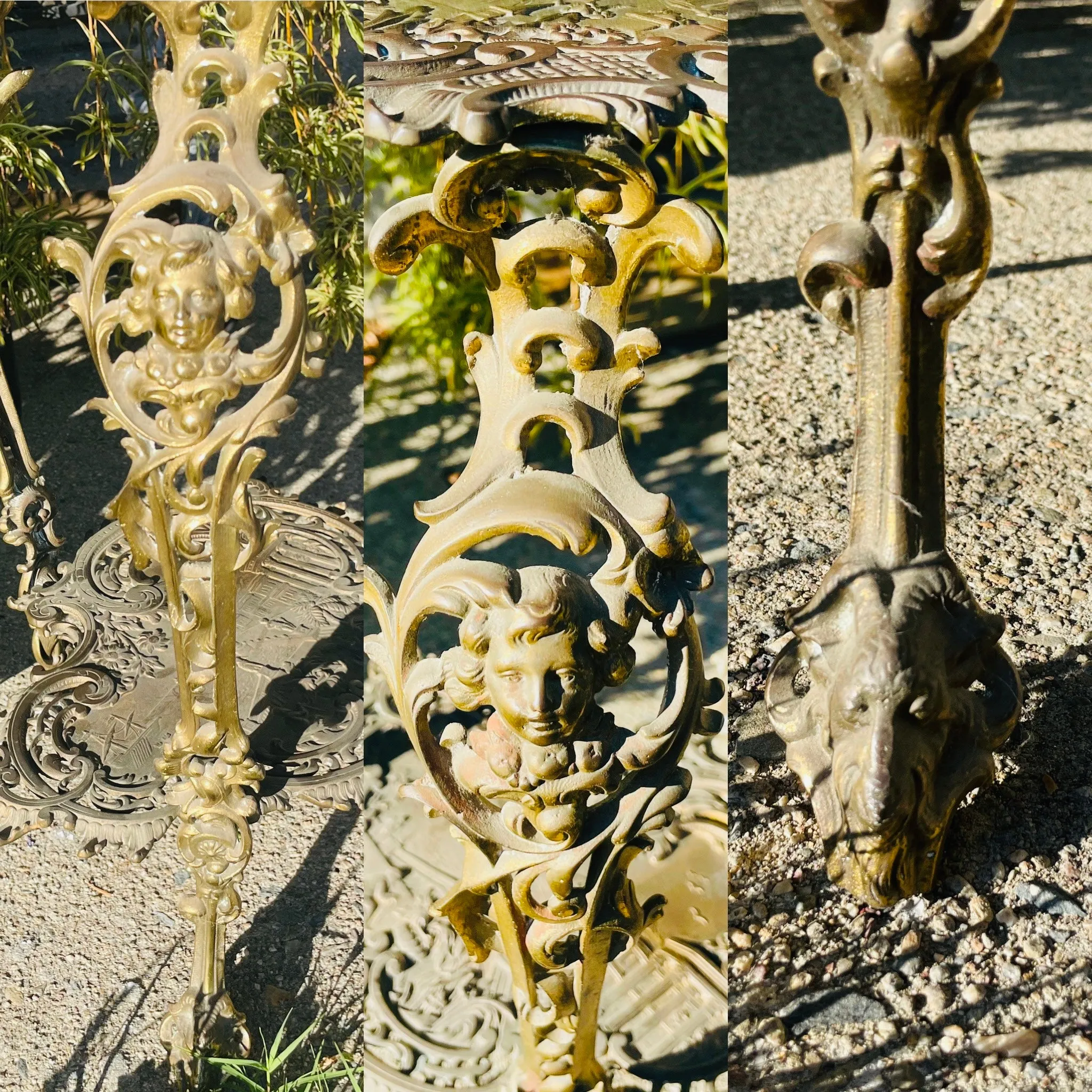 Antique Ornate Brass Italian Two Tier Footed Euro City Scene Lion Table Stand