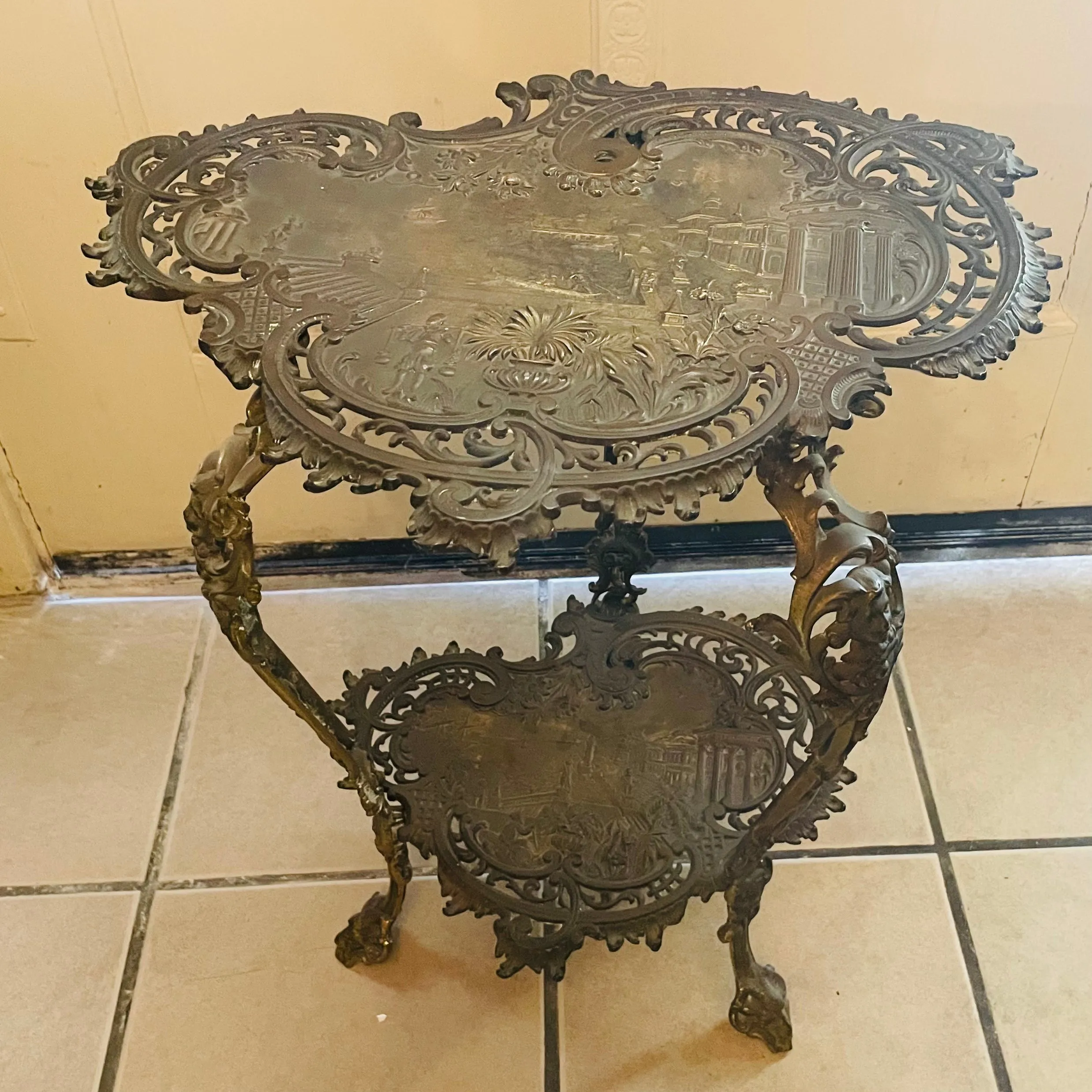 Antique Ornate Brass Italian Two Tier Footed Euro City Scene Lion Table Stand
