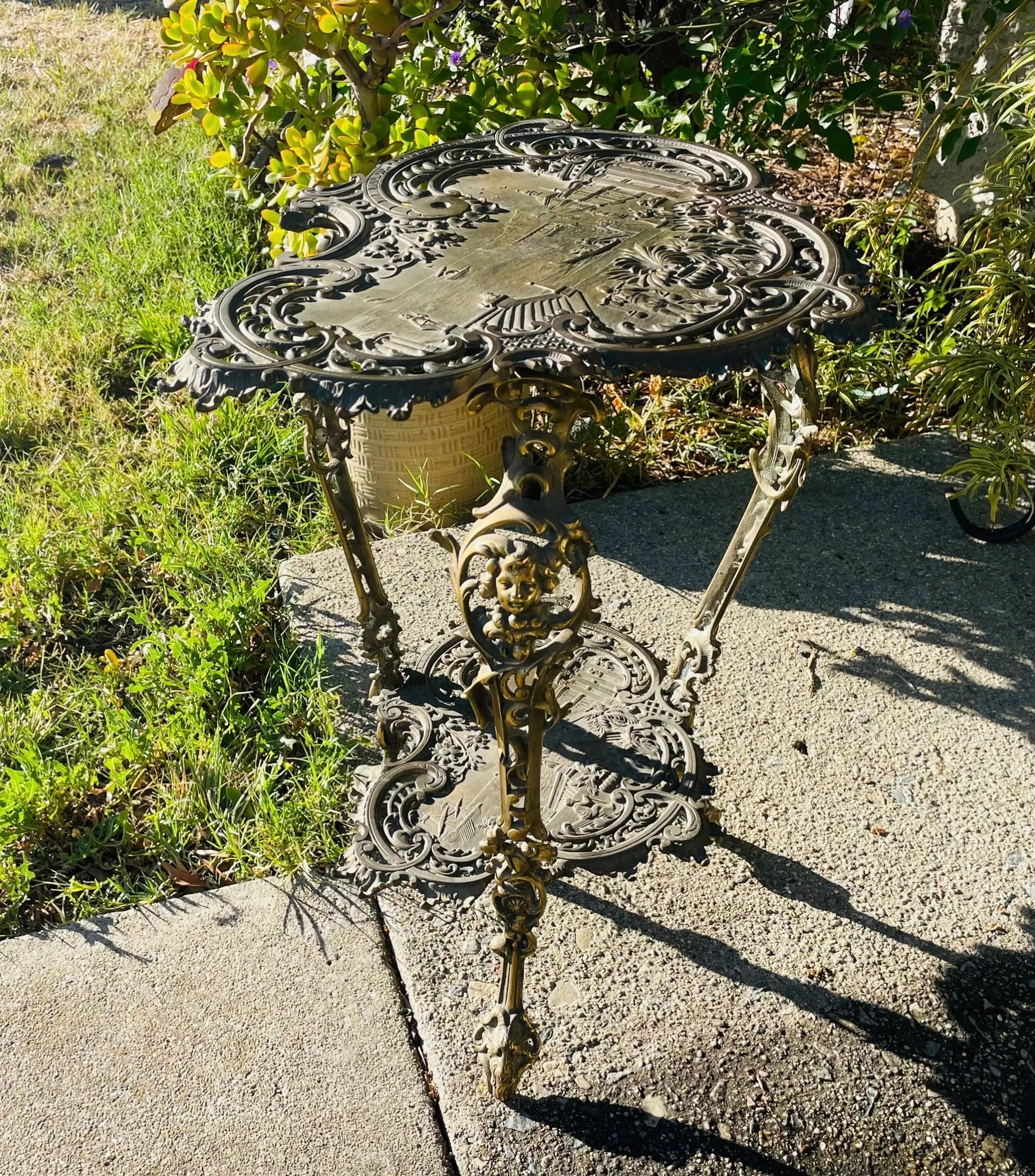 Antique Ornate Brass Italian Two Tier Footed Euro City Scene Lion Table Stand