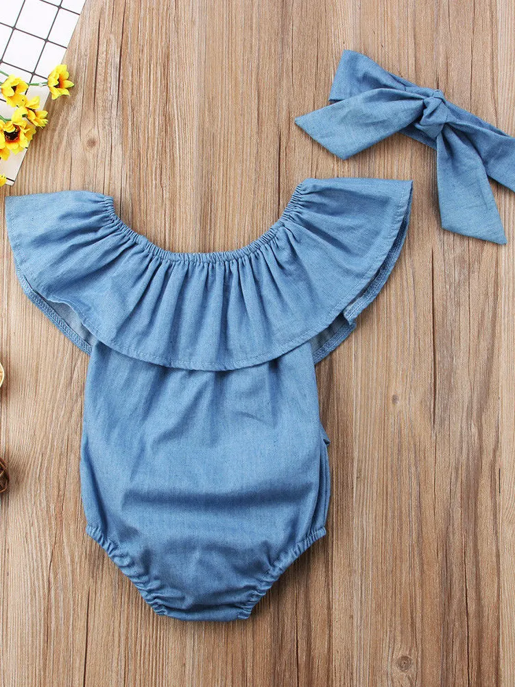 Baby Big Bow Denim Onesie with Headband Set