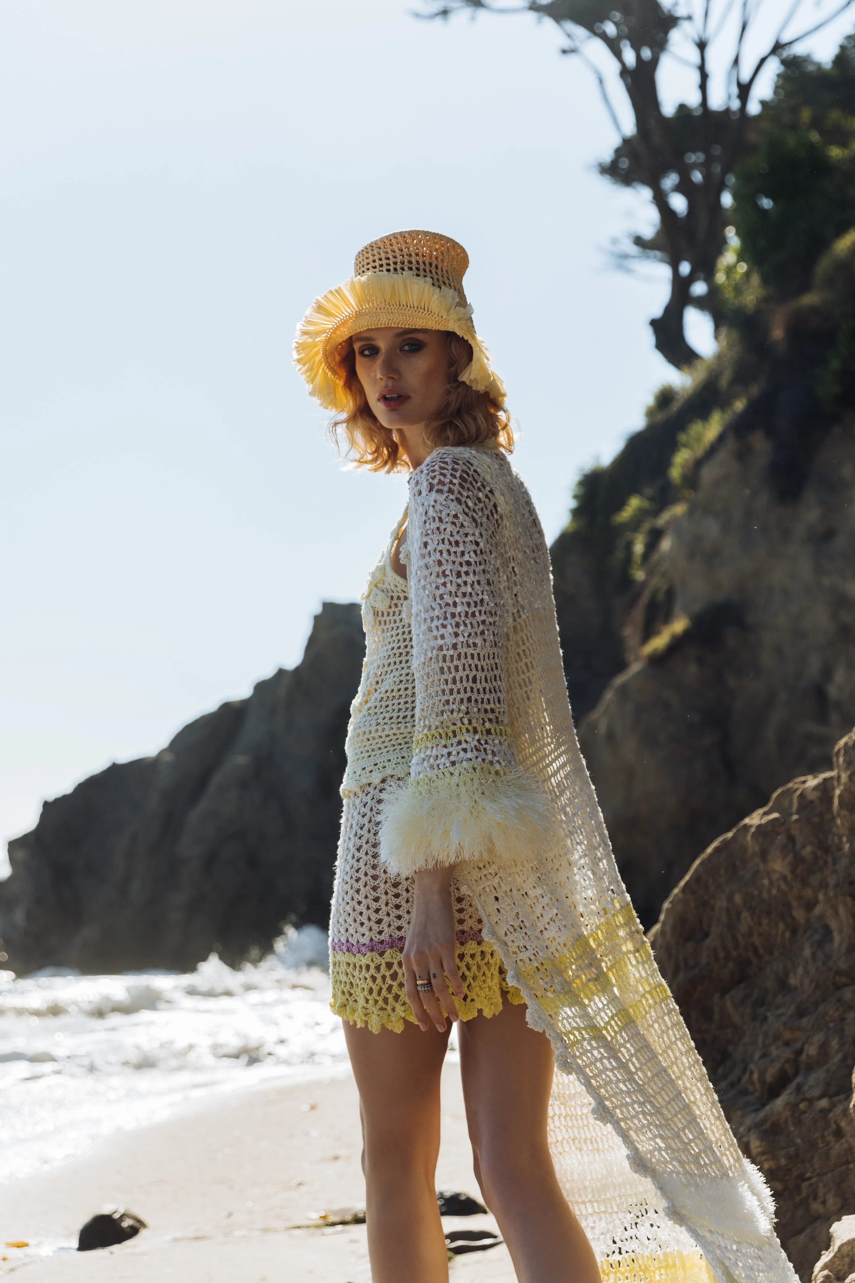 Beige raffia beret hat by Aliya Zhamantayeva
