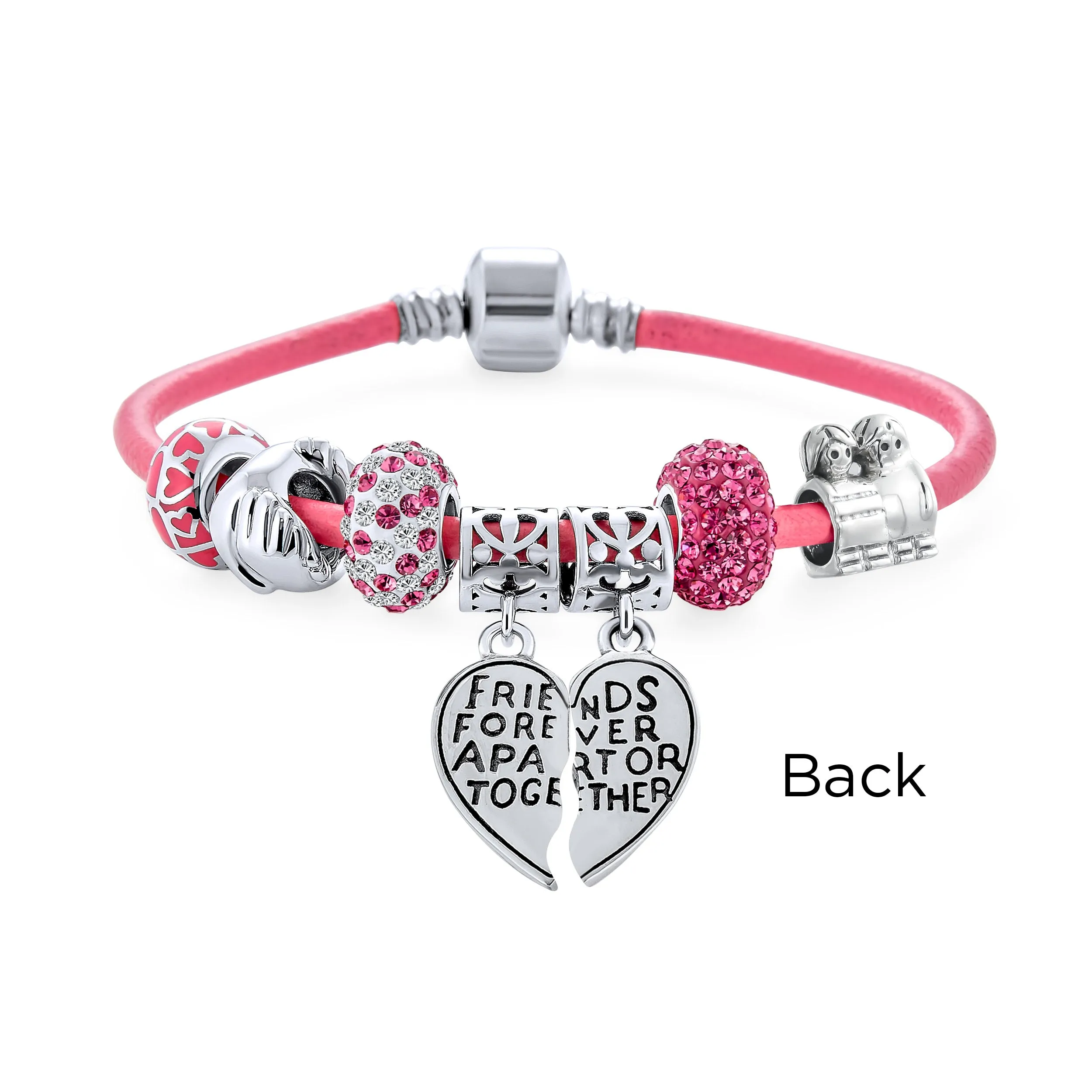 BFF Sister Split Heart Butterfly Leather Charm Bracelet SterlingSilver