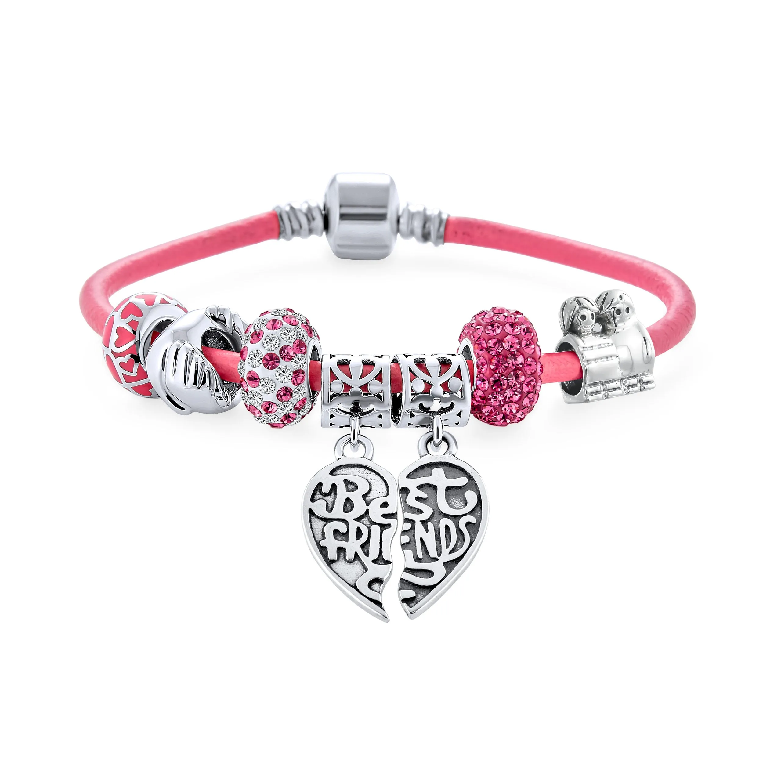 BFF Sister Split Heart Butterfly Leather Charm Bracelet SterlingSilver