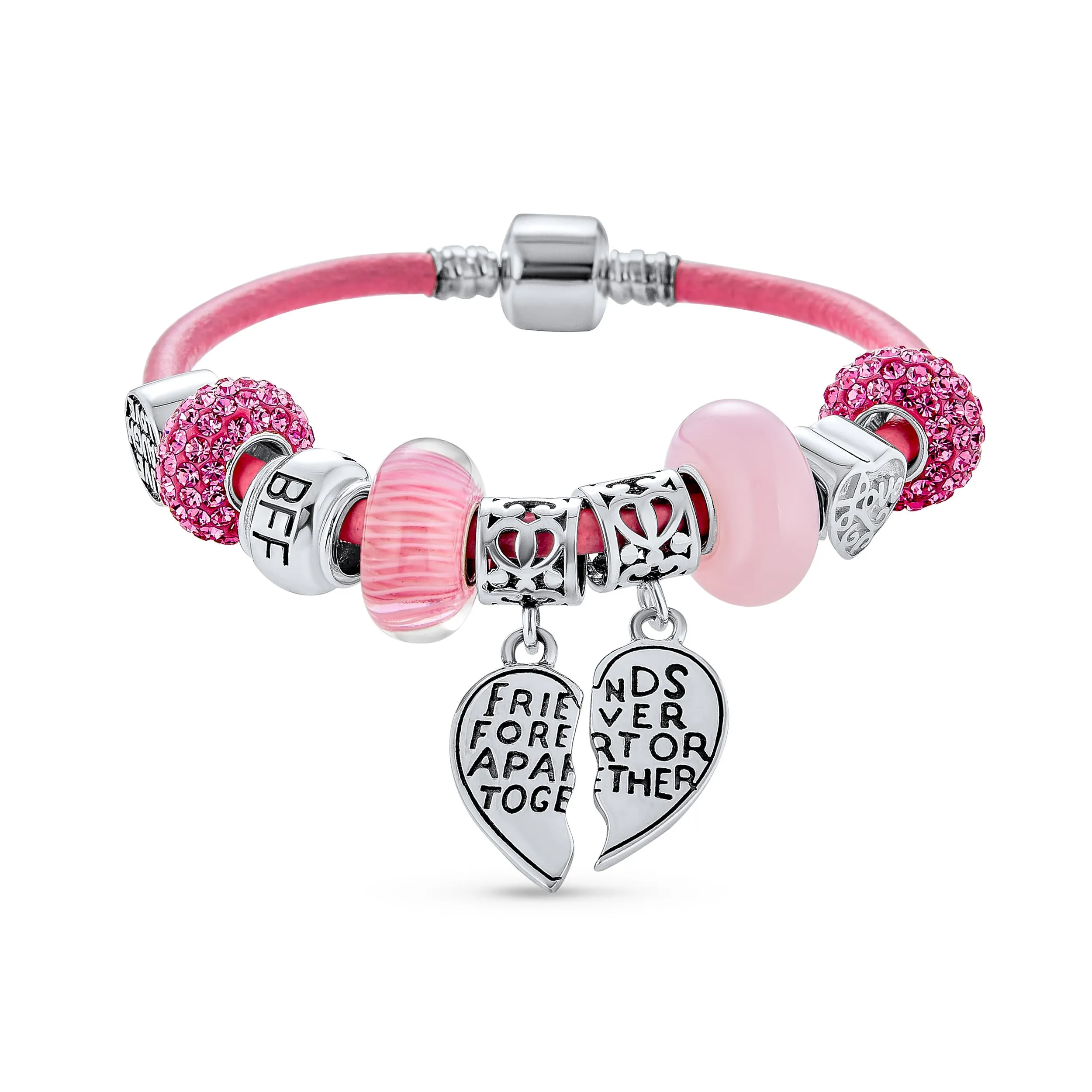 BFF Sister Split Heart Butterfly Leather Charm Bracelet SterlingSilver