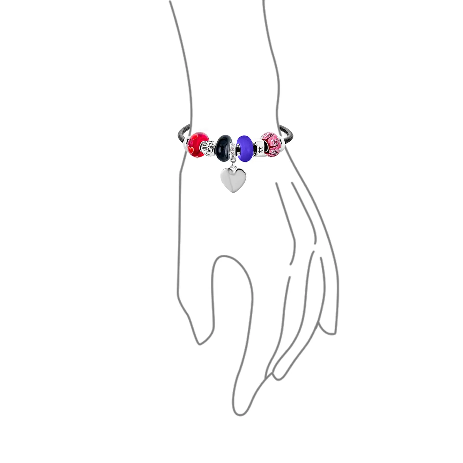 BFF Sister Split Heart Butterfly Leather Charm Bracelet SterlingSilver