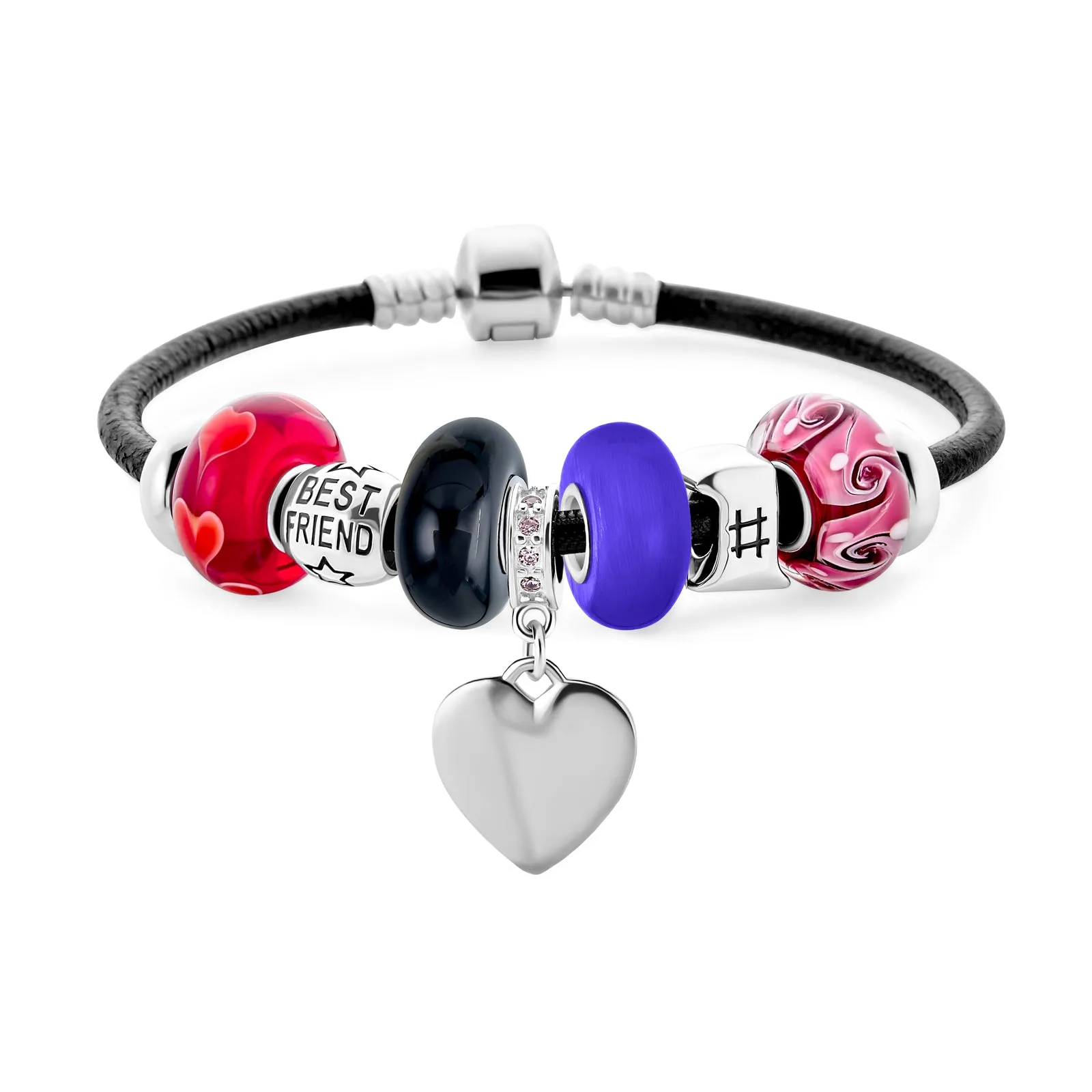 BFF Sister Split Heart Butterfly Leather Charm Bracelet SterlingSilver