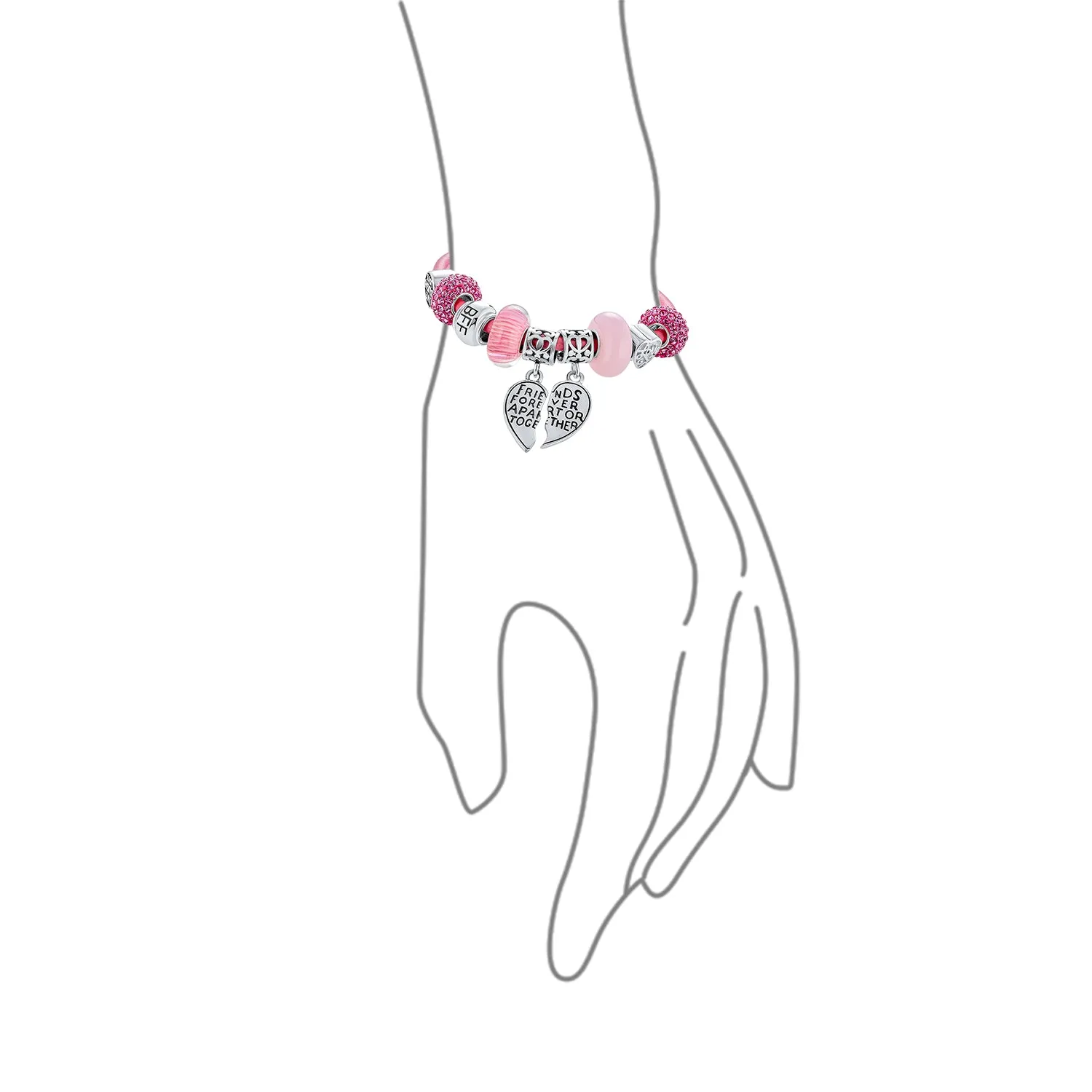BFF Sister Split Heart Butterfly Leather Charm Bracelet SterlingSilver
