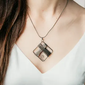 Black Square Wire Wrapped Handmade Corded Pendant Statement DIY Necklace