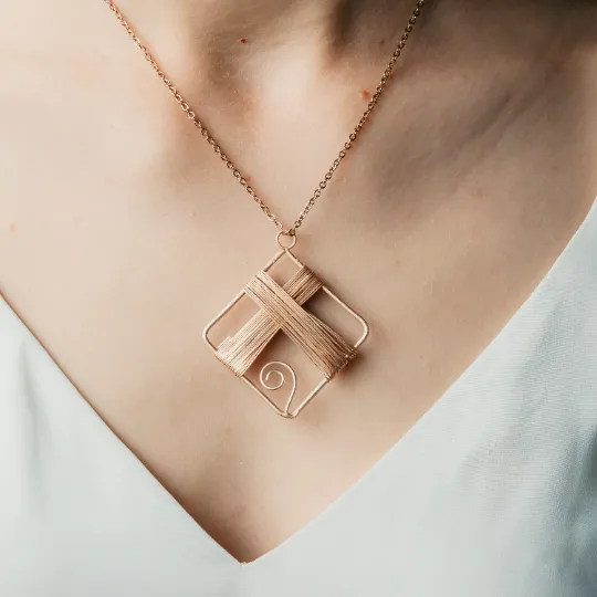 Black Square Wire Wrapped Handmade Corded Pendant Statement DIY Necklace