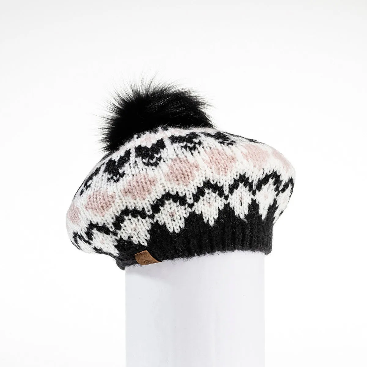 CHUNKY SKI KNIT BERET HAT WITH UPCYCLED FUR POM