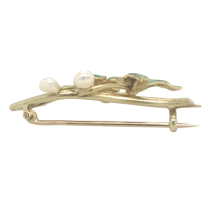 Enamel Leaf Pearl Brooch