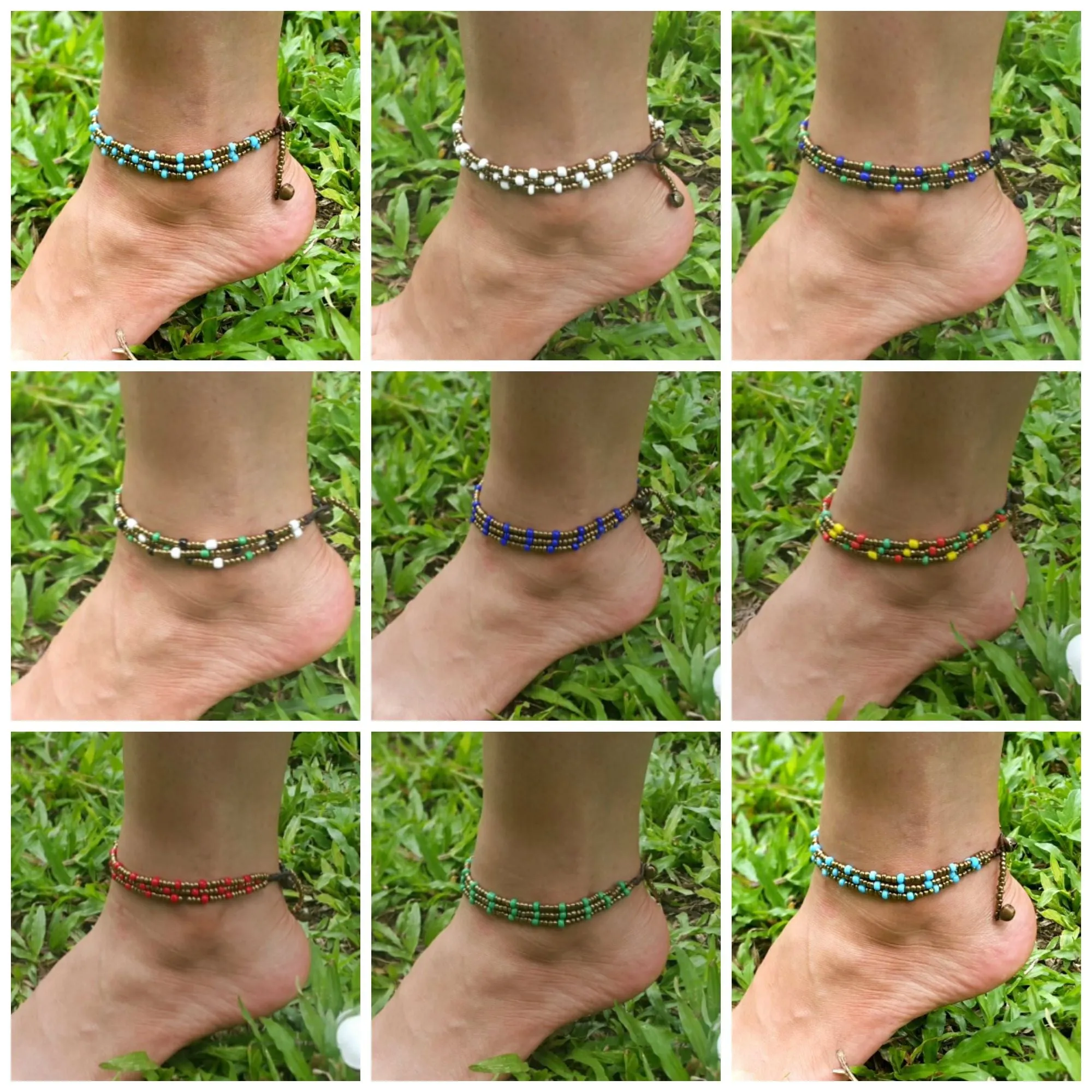 Hand Made Fair Trade Anklet Three Strand Brass Beads White