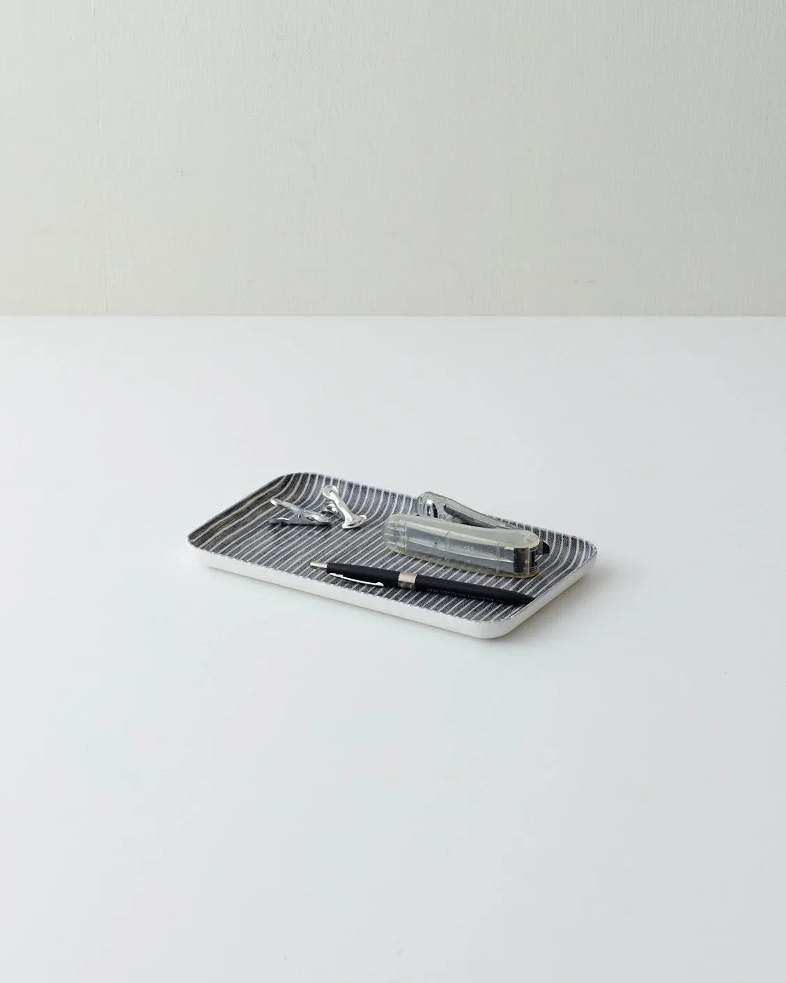 Linen Tray Small: Grey Thin White Stripe