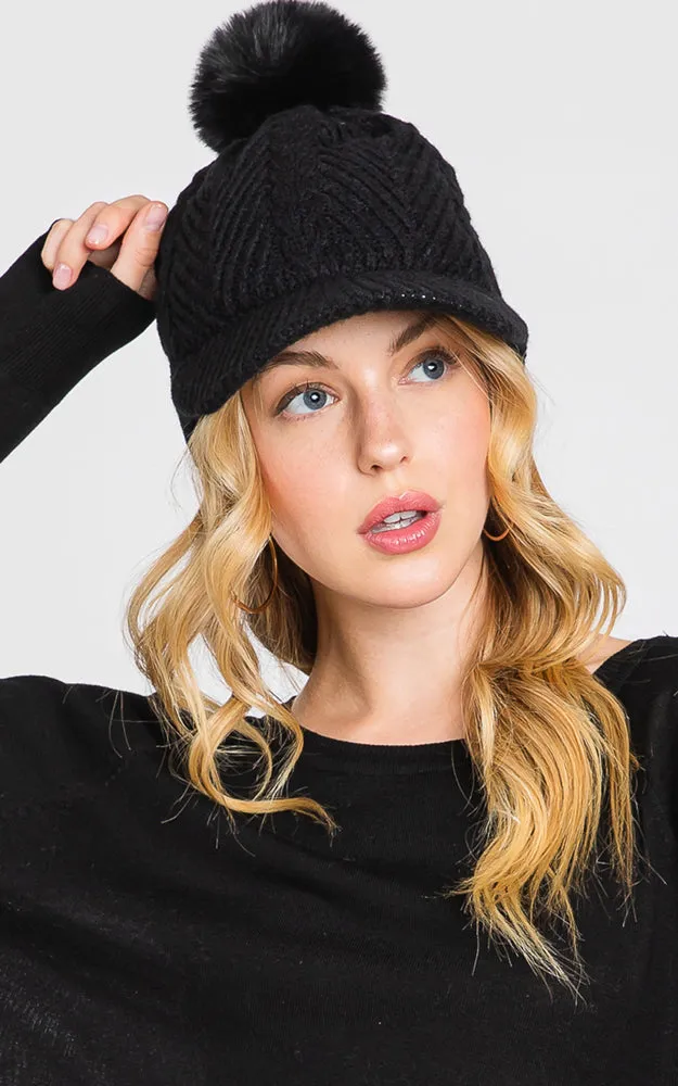 MH0143 KNIT CABLE CAP WITH POM POM HATS