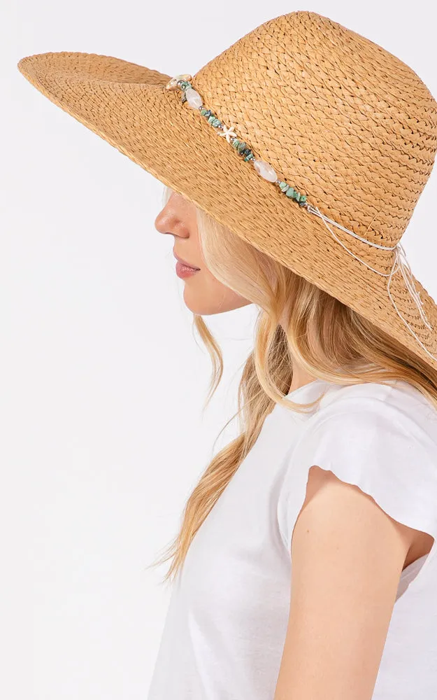 MH0209 FLOPPY SUN HAT W/TURQUOISE STONE & STARFISH BAND