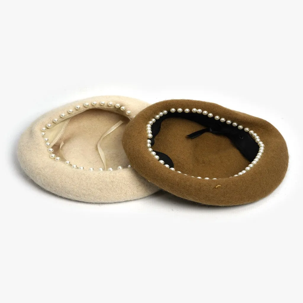 Patricia Pearl Trim Wool Beret - Cream