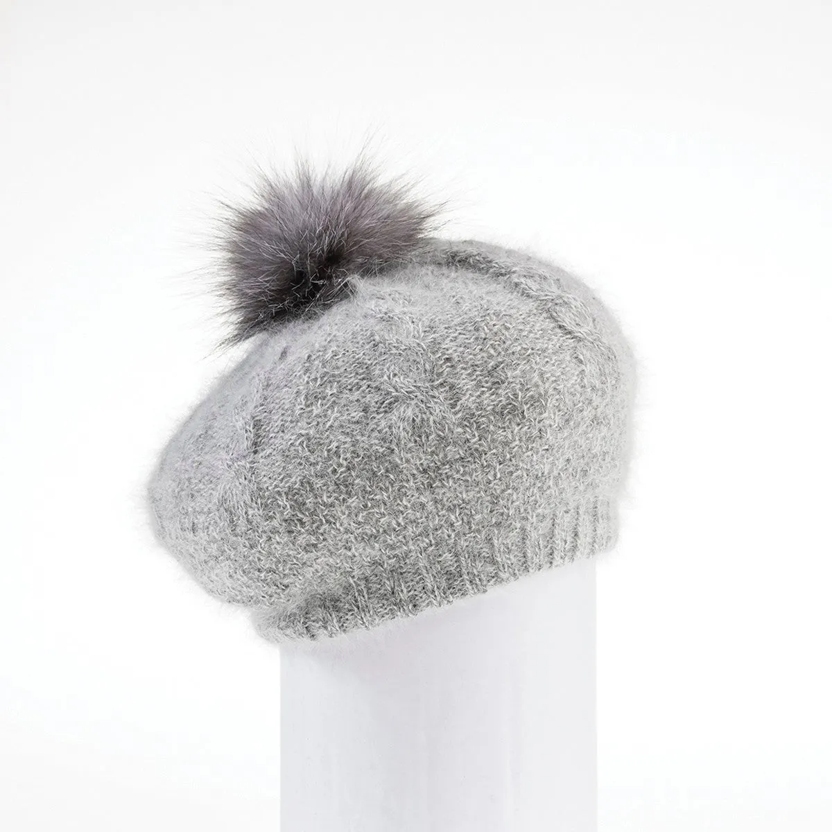 Stylish Virginia Angora Beret Hat with Upcycled Genuine Fur Pom