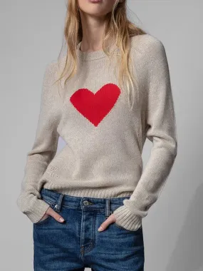 Cozy Womens Pure Wool Knitted Red Heart Sweater - Stylish & Warm Knitwear